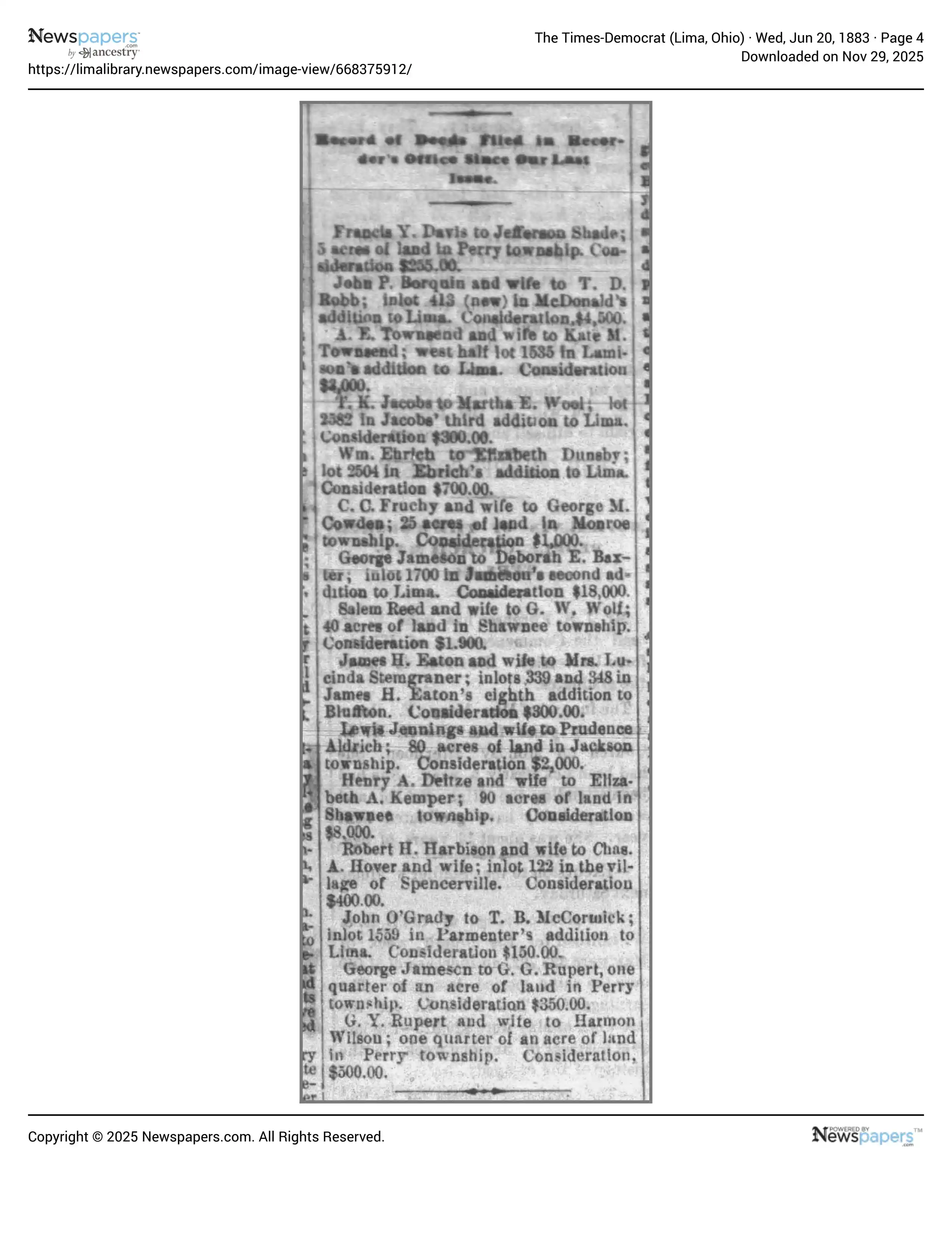 The Times Democrat 1883-06-20 Page 4, Greenberry George Rupert Purchased One Quarter Acre Land